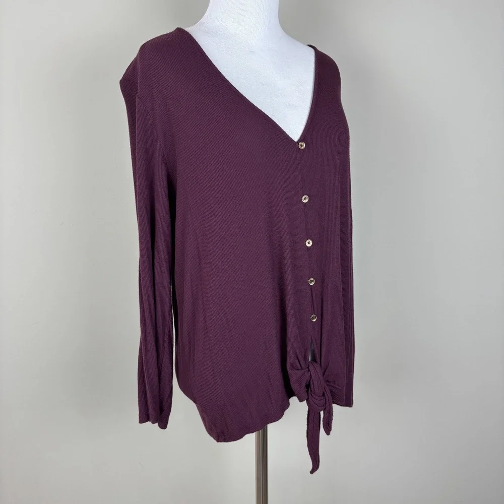 Michael‎ Kors Top Womens XL Purple Ribbed Knit Tie Hem 3/4 Sleeve Buttons V-Neck
